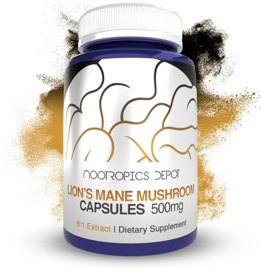 Nootropics Depot Lions Mane Mushroom Capsules 180 Count 500mg | 8:1 Dual Extract | Whole Fruiting Body Supplement