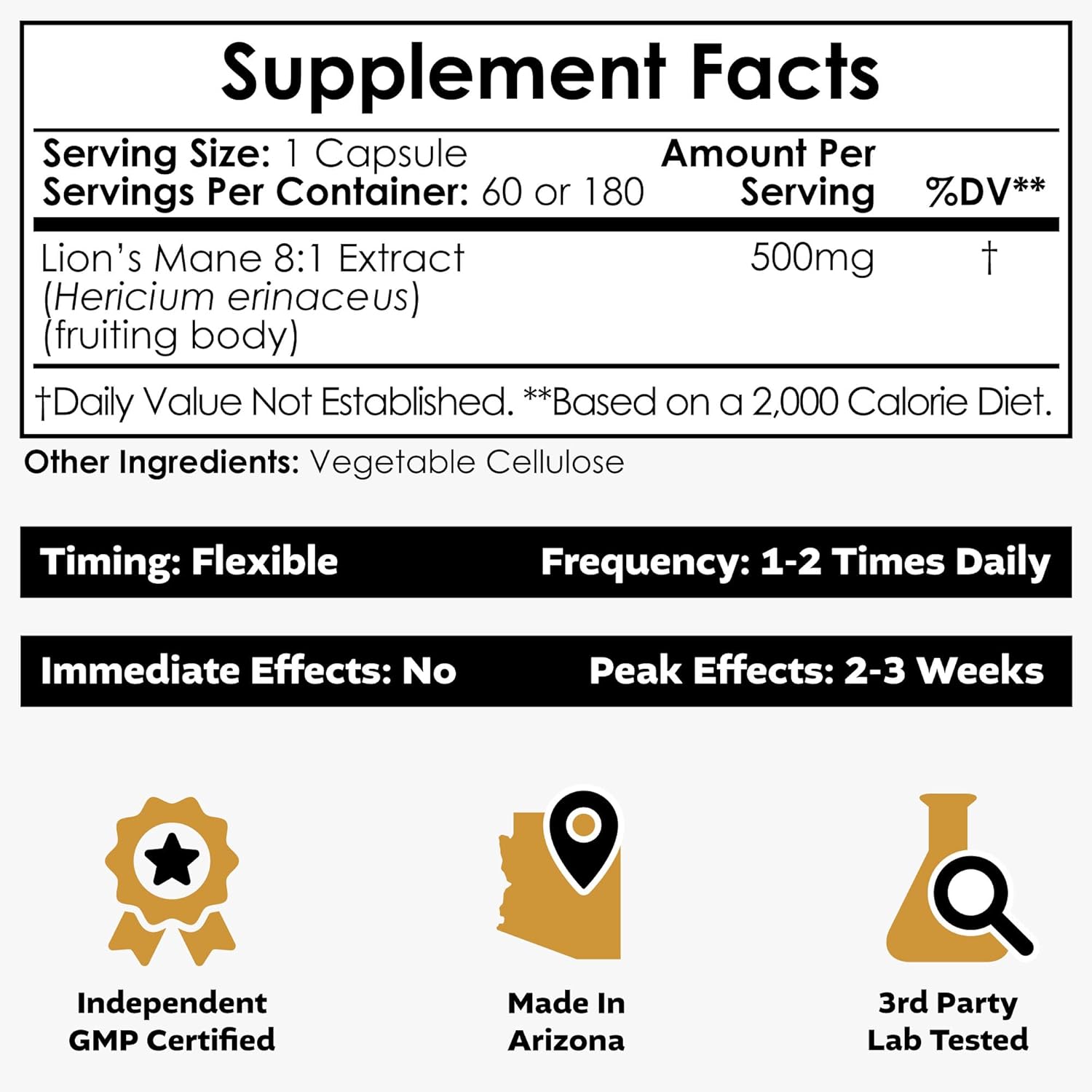 Nootropics Depot Lions Mane Mushroom Capsules 180 Count 500mg | 8:1 Dual Extract | Whole Fruiting Body Supplement