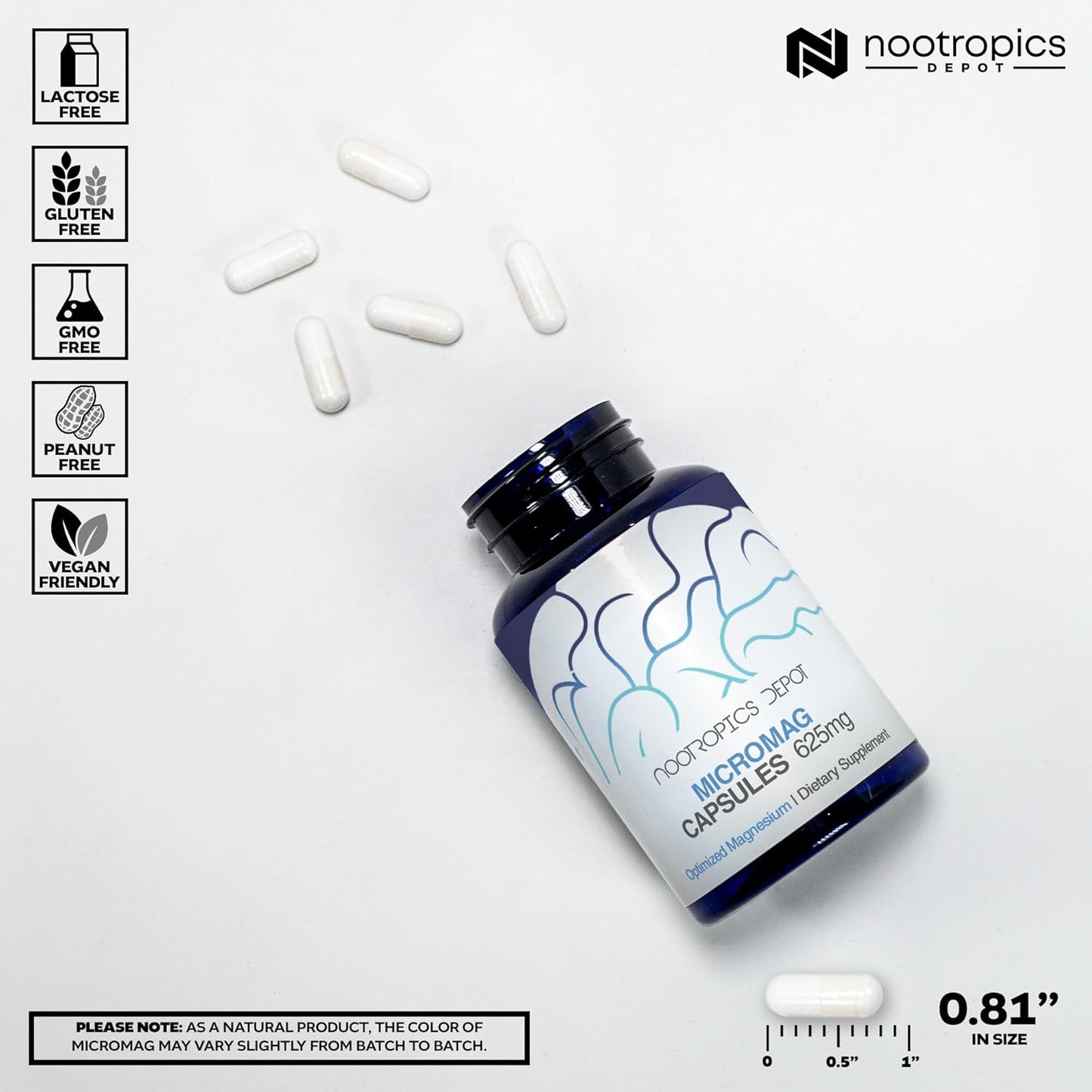 Nootropics Depot MicroMag Magnesium Capsules - 625mg - 90 Count - 200mg Elemental Magnesium