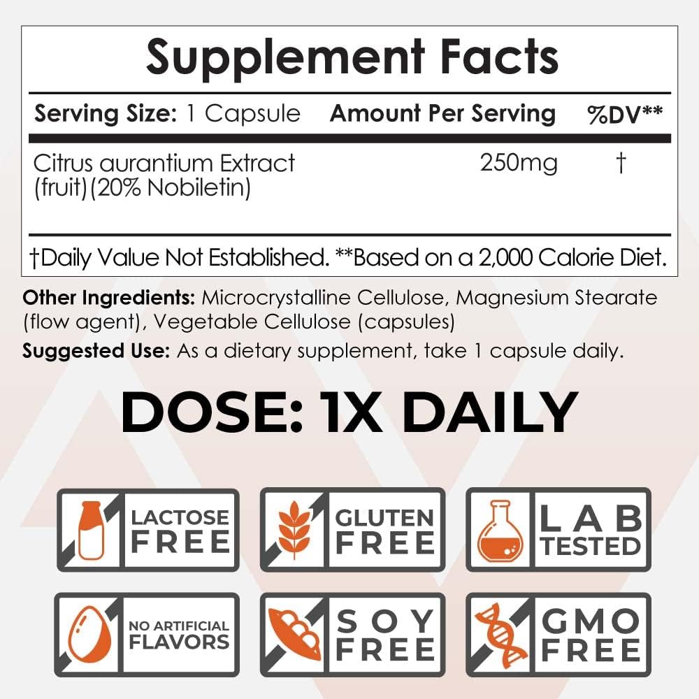Nootropics Depot Nobiletin Capsules 250mg - 30 Count - 20% Extract - Citrus Aurantium - Cognitive & Metabolic Support - Cardiovascular Function