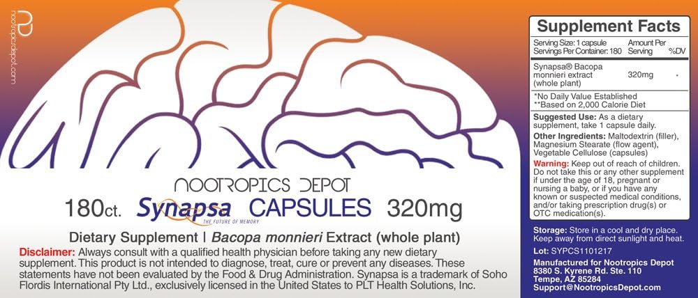Nootropics Depot Synapsa Bacopa Monnieri Capsules 320mg 180 Count Whole Plant Extract - Ayurvedic Adaptogen Supplement for Learning, Memory, Mental Performance