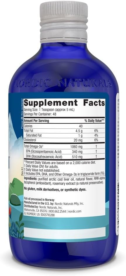 Nordic Naturals Arctic Cod Liver Oil Lemon Flavor - 8 oz - 1060mg Omega-3s EPA DHA Heart Brain Health Immunity Wellness - Non-GMO - 48 Servings