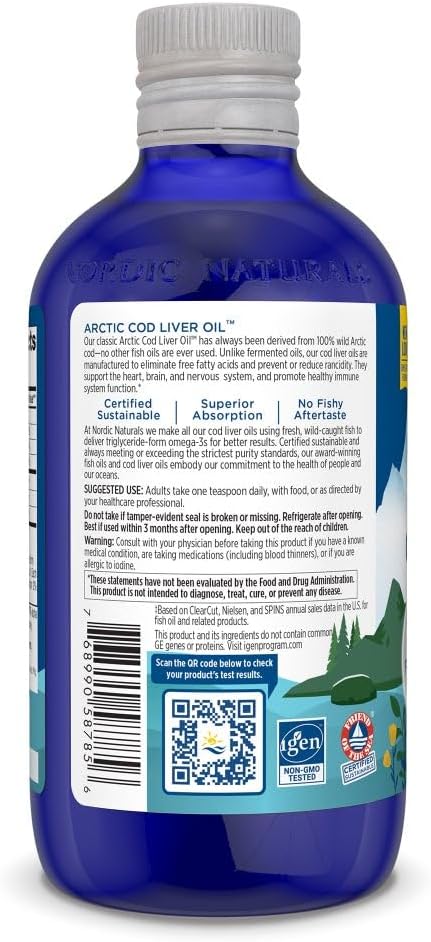 Nordic Naturals Arctic Cod Liver Oil Lemon Flavor - 8 oz - 1060mg Omega-3s EPA DHA Heart Brain Health Immunity Wellness - Non-GMO - 48 Servings