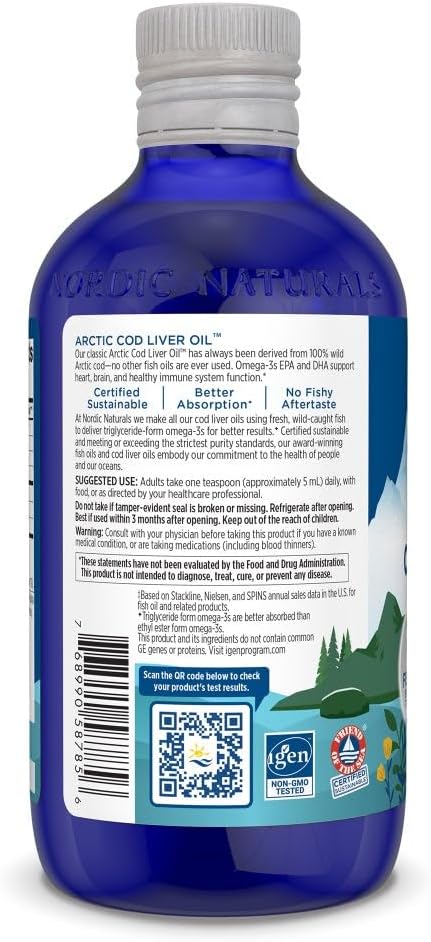 Nordic Naturals Arctic Cod Liver Oil Lemon Flavor - 8 oz - 1060mg Omega-3s EPA DHA Heart Brain Health Immunity Wellness - Non-GMO - 48 Servings