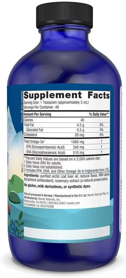 Nordic Naturals Arctic Cod Liver Oil Orange 8 oz - 1060mg Omega-3s EPA DHA Heart Brain Health Immunity Wellness - Non-GMO - 48 Servings