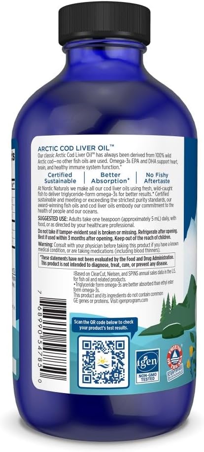 Nordic Naturals Arctic Cod Liver Oil Orange 8 oz - 1060mg Omega-3s EPA DHA Heart Brain Health Immunity Wellness - Non-GMO - 48 Servings