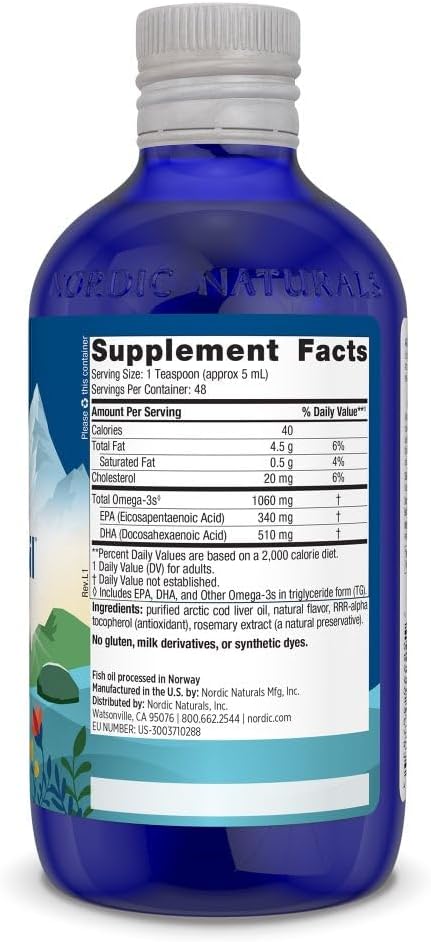 Nordic Naturals Arctic Cod Liver Oil, Strawberry Flavor - 8 oz Bottle - 1060 mg Omega-3s with EPA & DHA for Heart, Brain, Immune Health - Non-GMO - 48 Servings
