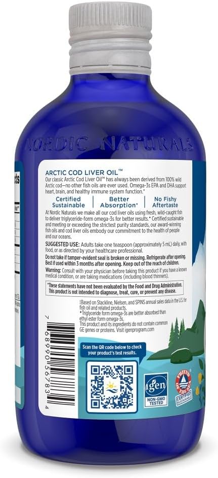 Nordic Naturals Arctic Cod Liver Oil, Strawberry Flavor - 8 oz Bottle - 1060 mg Omega-3s with EPA & DHA for Heart, Brain, Immune Health - Non-GMO - 48 Servings
