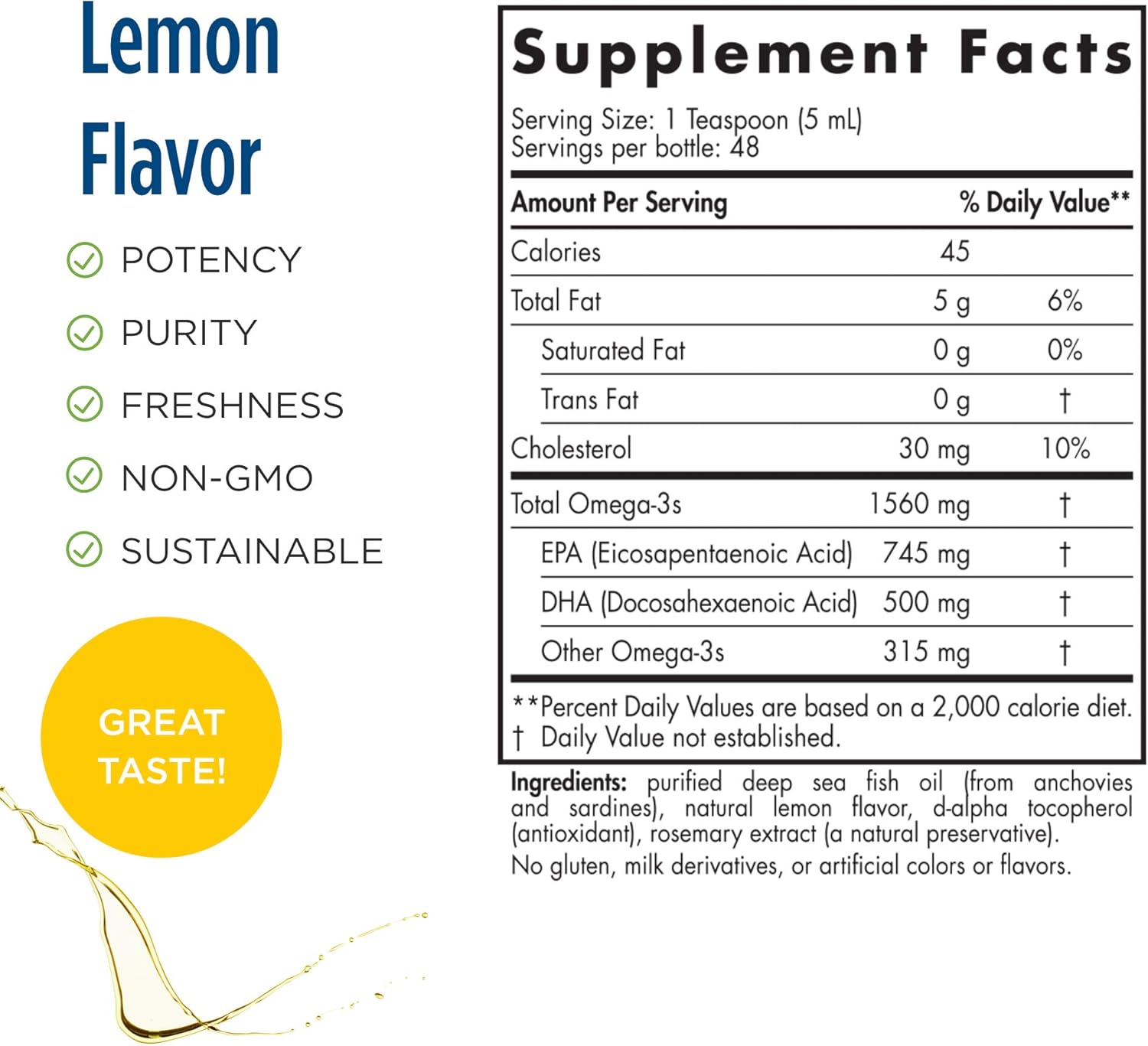 Nordic Naturals Arctic Omega Lemon Flavor Fish Oil 8 oz - 1560 mg Omega-3 EPA & DHA Immune Brain Heart - Non-GMO 48 Servings