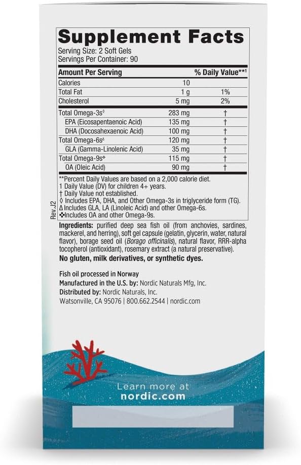 Nordic Naturals Complete Omega Jr. Lemon Soft Gels - 180 Mini, 283 mg Omega-3s, 35 mg GLA, Healthy Cognition, Nervous System - Non-GMO, 90 Servings