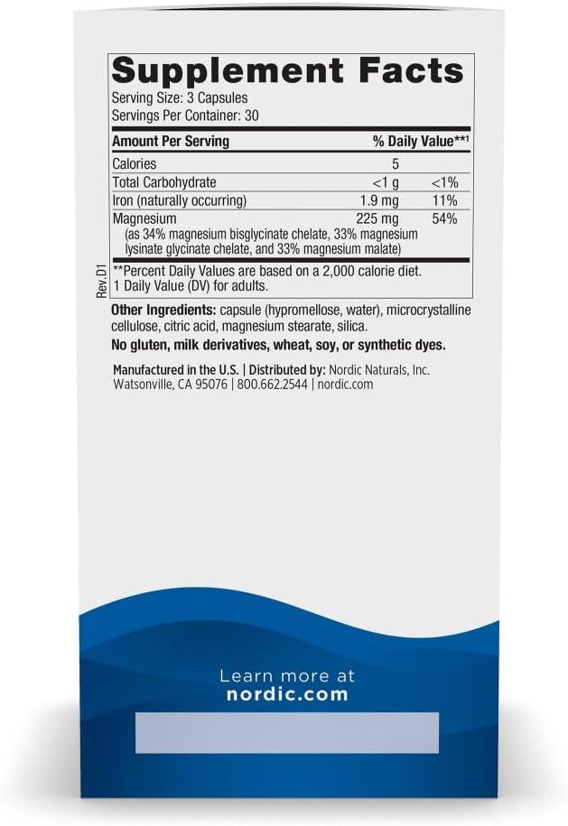Nordic Naturals Magnesium Complex Capsules - 90 Count - 225mg Magnesium & 1.9mg Iron - Supports Brain, Heart, Mood, Energy, & Muscle Relaxation - Non-GMO, Vegan - 30 Servings