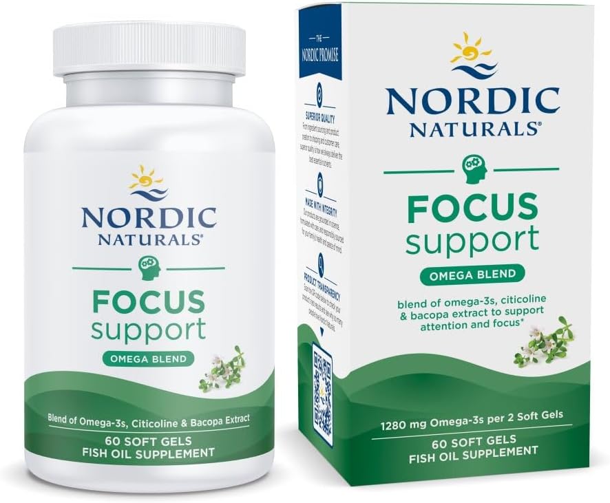 Nordic Naturals Omega Focus Soft Gels - Lemon Flavor - 60 Count - 1280mg Omega-3 + Citicoline & Bacopa Monnieri - Brain Health Supplement - Non-GMO - 30 Servings