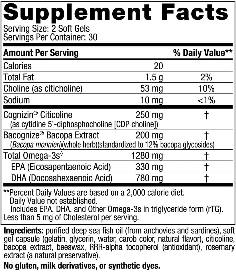 Nordic Naturals Omega Focus Soft Gels - Lemon Flavor - 60 Count - 1280mg Omega-3 + Citicoline & Bacopa Monnieri - Brain Health Supplement - Non-GMO - 30 Servings