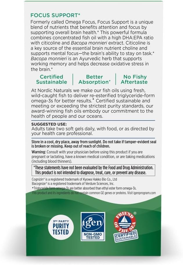 Nordic Naturals Omega Focus Soft Gels - Lemon Flavor - 60 Count - 1280mg Omega-3 + Citicoline & Bacopa Monnieri - Brain Health Supplement - Non-GMO - 30 Servings