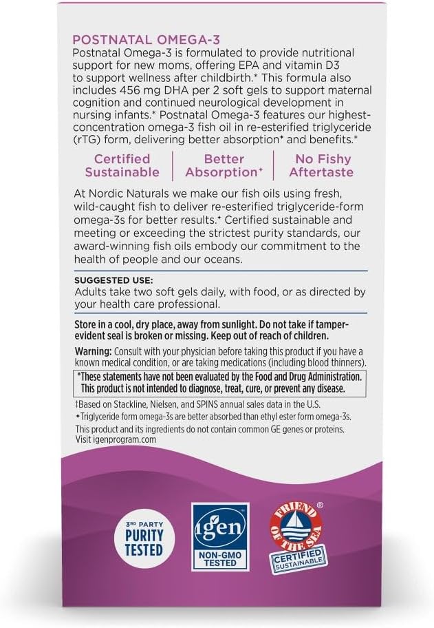 Nordic Naturals Postnatal Omega-3 Soft Gels with Vitamin D3 - Supports New Moms' Wellness, Mood, and Metabolism - 60 Soft Gels