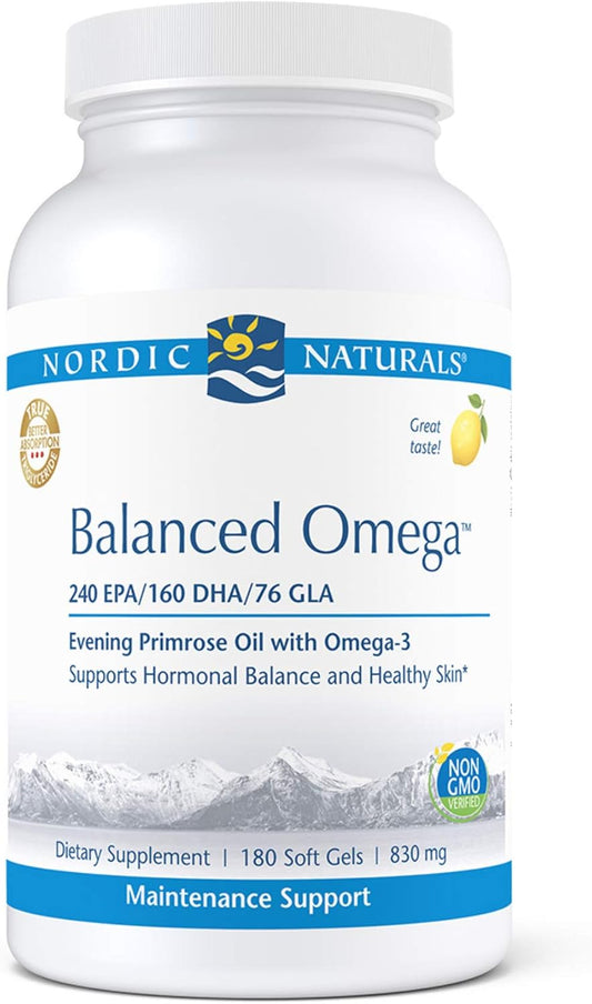 Nordic Naturals Pro Balanced Omega Soft Gels - Lemon Flavor - 180 Count - 500mg Omega-3 + 800mg Evening Primrose Oil - Skin & Hormone Support - Non-GMO - 90 Servings