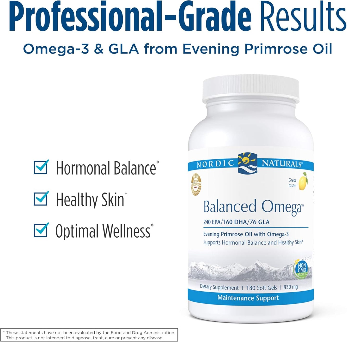 Nordic Naturals Pro Balanced Omega Soft Gels - Lemon Flavor - 180 Count - 500mg Omega-3 + 800mg Evening Primrose Oil - Skin & Hormone Support - Non-GMO - 90 Servings