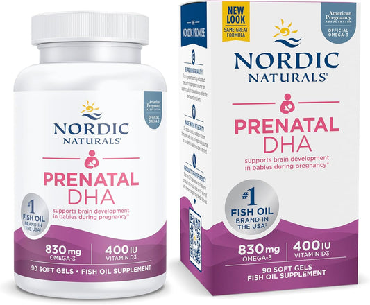 Nordic Naturals Pro Prenatal DHA Soft Gels - 830 mg Omega-3 + 400 IU Vitamin D3 - Brain Development Support for Babies - Non-GMO - 45 Servings