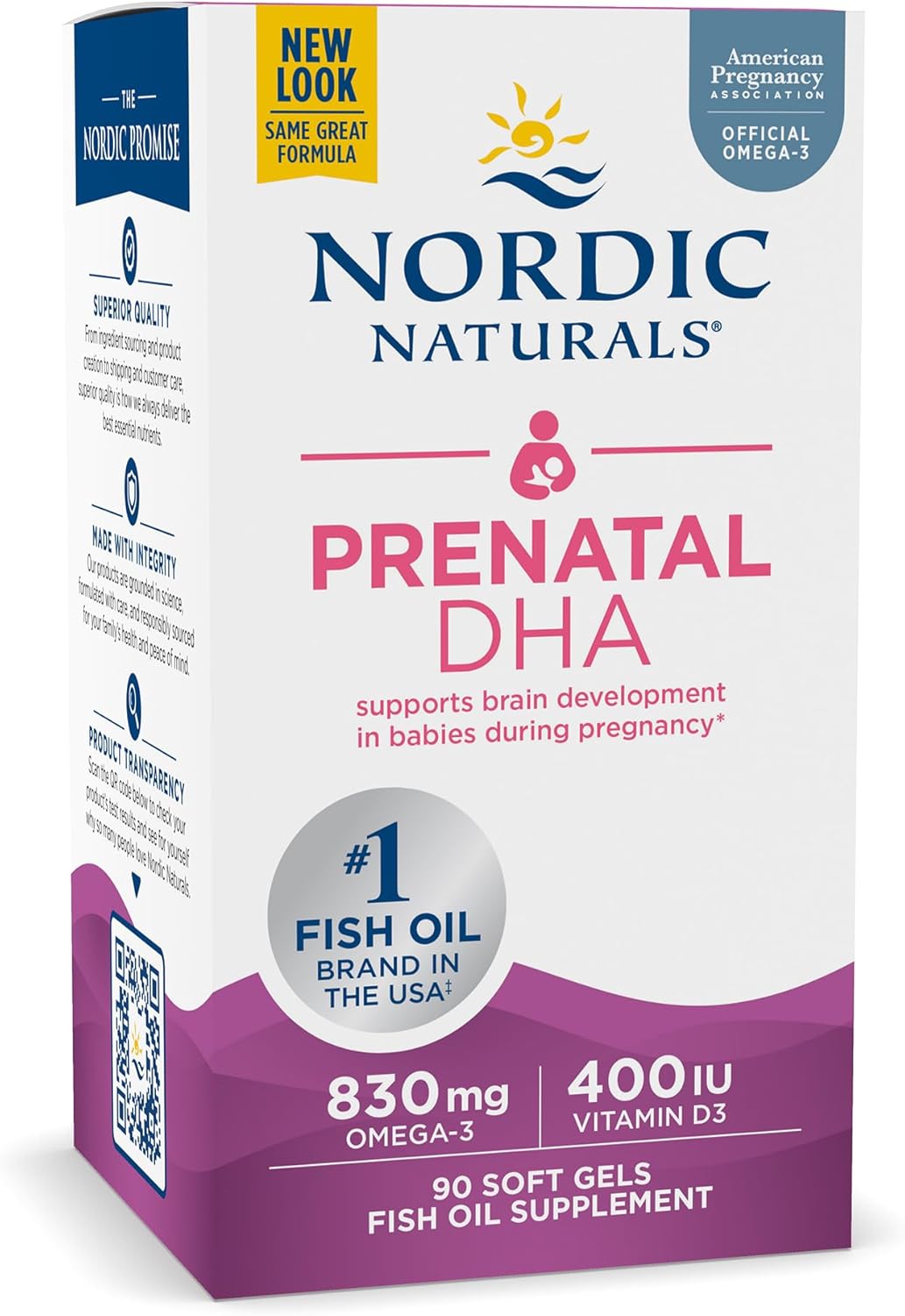 Nordic Naturals Pro Prenatal DHA Soft Gels - 830 mg Omega-3 + 400 IU Vitamin D3 - Brain Development Support for Babies - Non-GMO - 45 Servings