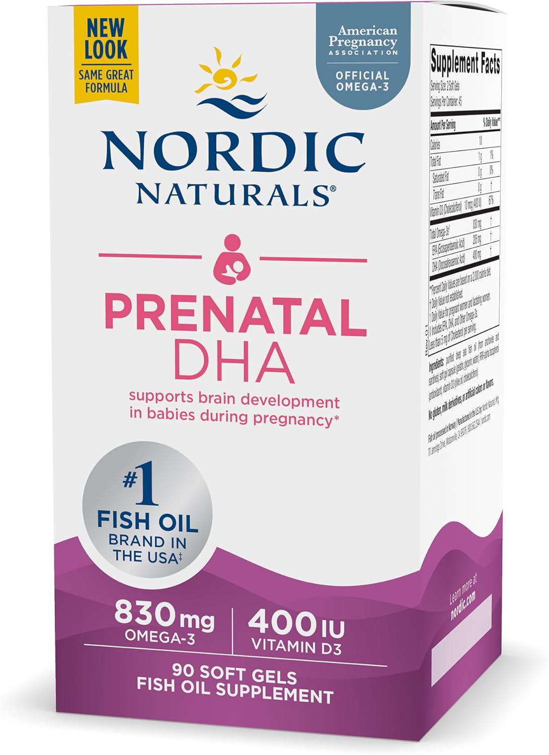 Nordic Naturals Pro Prenatal DHA Soft Gels - 830 mg Omega-3 + 400 IU Vitamin D3 - Brain Development Support for Babies - Non-GMO - 45 Servings