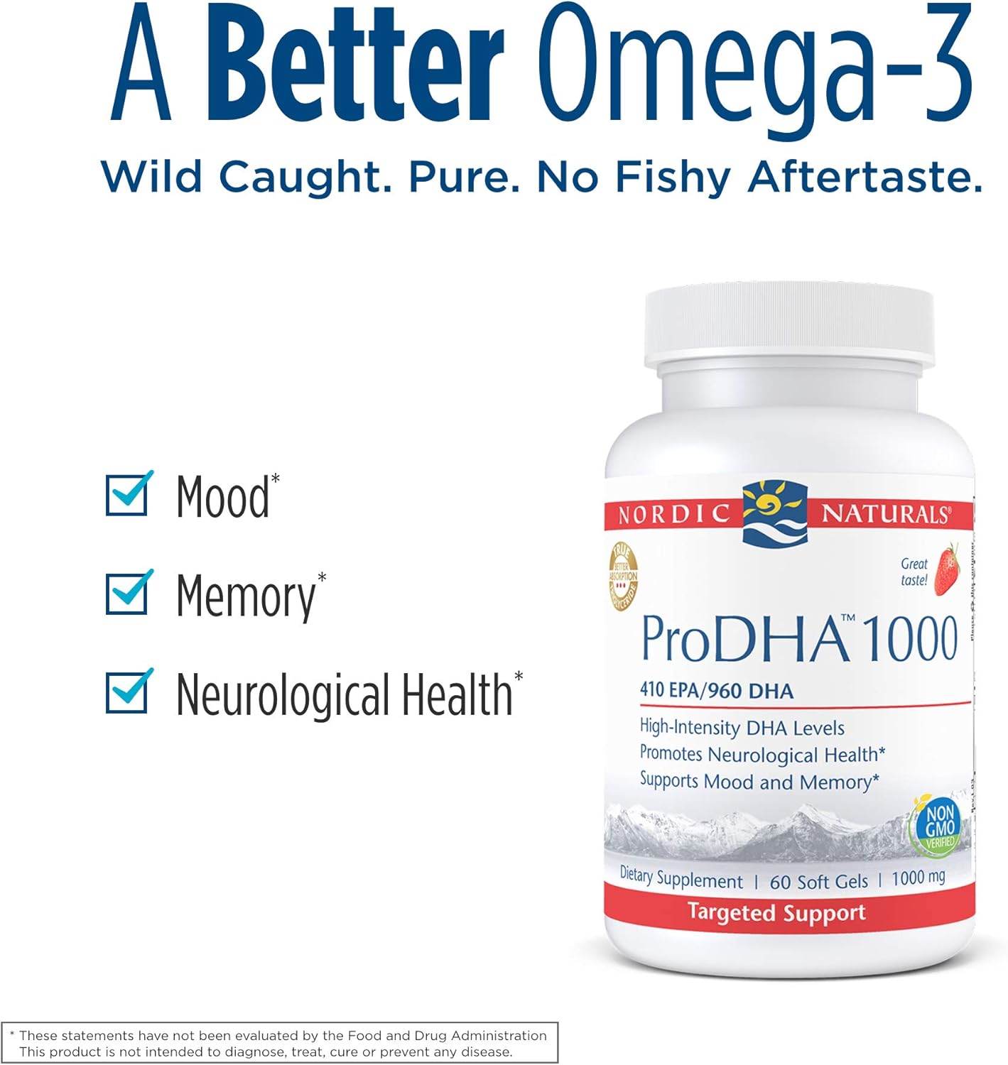 Nordic Naturals ProDHA 1000 Strawberry Soft Gels - 60 Count - High-Intensity DHA Formula for Brain Health - Non-GMO Omega-3 Supplement