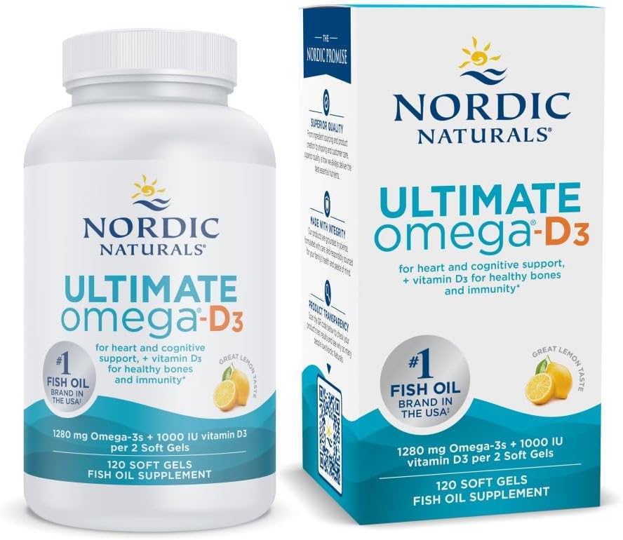 Nordic Naturals Ultimate Omega-D3 Lemon Flavor Soft Gels - 120 Count - 1280mg Omega-3 + 1000 IU Vitamin D3 - Promotes Brain, Heart, Immune Health - 60 Servings