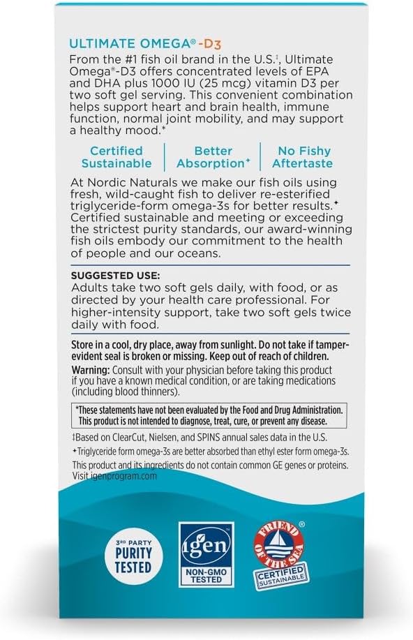 Nordic Naturals Ultimate Omega-D3 Lemon Flavor Soft Gels - 120 Count - 1280mg Omega-3 + 1000 IU Vitamin D3 - Promotes Brain, Heart, Immune Health - 60 Servings