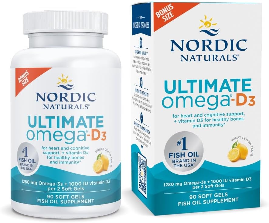 Nordic Naturals Ultimate Omega-D3 Soft Gels - Lemon Flavor - 90 Count - 1280mg Omega-3 + 1000 IU Vitamin D3 - EPA & DHA - Brain, Heart, & Immune Support - 45 Servings
