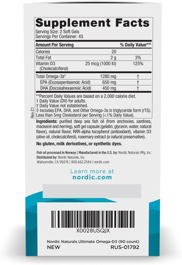 Nordic Naturals Ultimate Omega-D3 Soft Gels - Lemon Flavor - 90 Count - 1280mg Omega-3 + 1000 IU Vitamin D3 - EPA & DHA - Brain, Heart, & Immune Support - 45 Servings