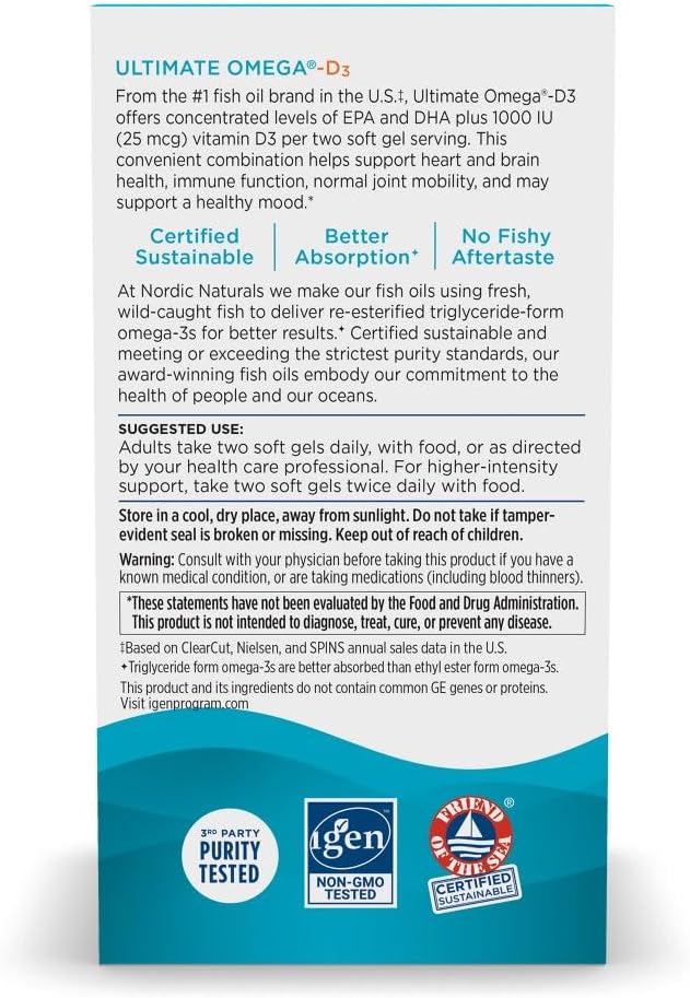 Nordic Naturals Ultimate Omega-D3 Soft Gels - Lemon Flavor - 90 Count - 1280mg Omega-3 + 1000 IU Vitamin D3 - EPA & DHA - Brain, Heart, & Immune Support - 45 Servings
