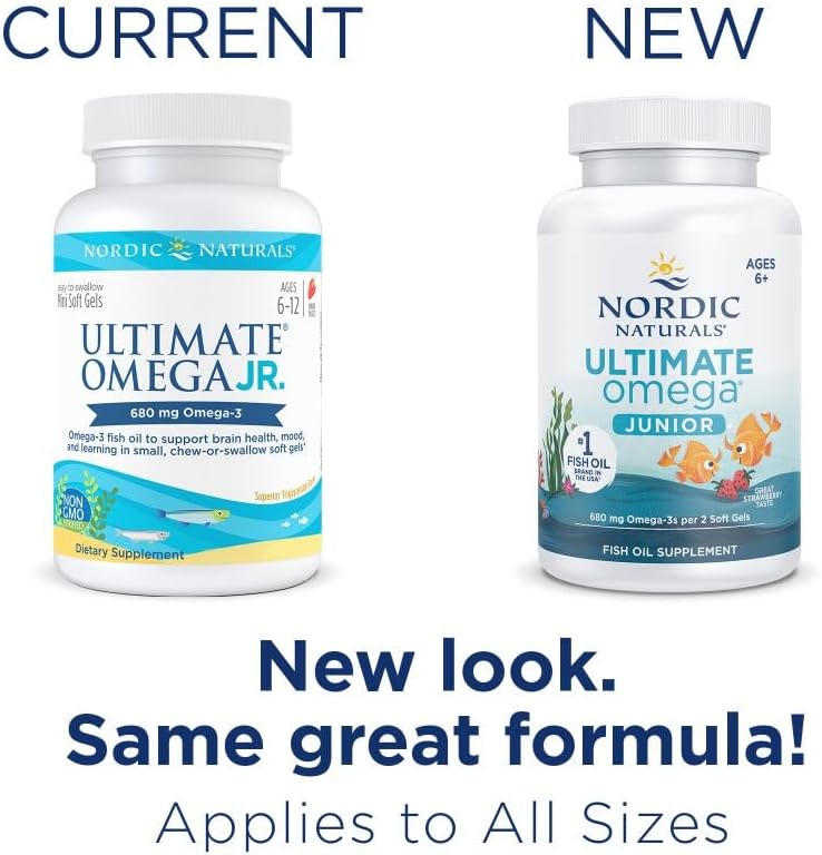 Nordic Naturals Ultimate Omega Jr. Strawberry Soft Gels - 680 Omega-3s for Brain Health & Mood - Non-GMO - 60 Servings