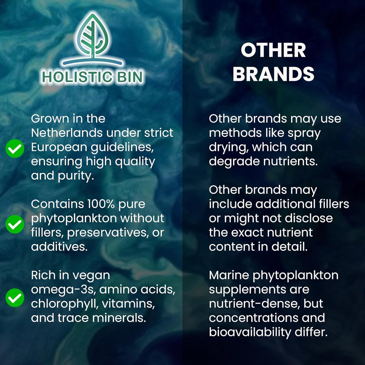 Nordic Seawater Grown Marine Phytoplankton Powder | Vegan Omega 3 Supplement with Amino Acids, Chlorophyll, Vitamins, & Minerals (50g)