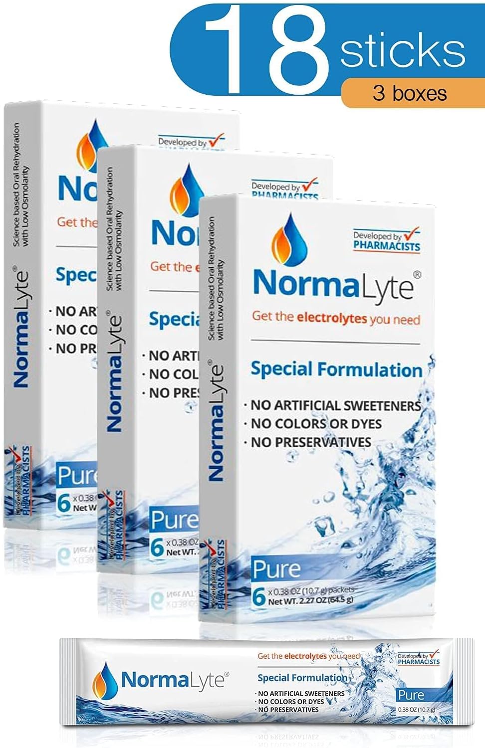 NormaLyte Oral Rehydration Salts - 18 Stick Packs for Quick Absorption - Potassium Supplement for Dehydration Recovery - Energy Supplements with Pure Ingredients