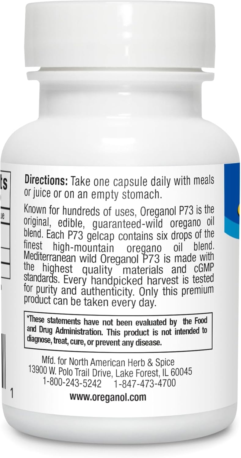 NORTH AMERICAN HERB & SPICE Oreganol P73 Gelcaps - 60 Capsules - Immune Support - Vegan Wild Oregano - Mediterranean Origin - Non-GMO