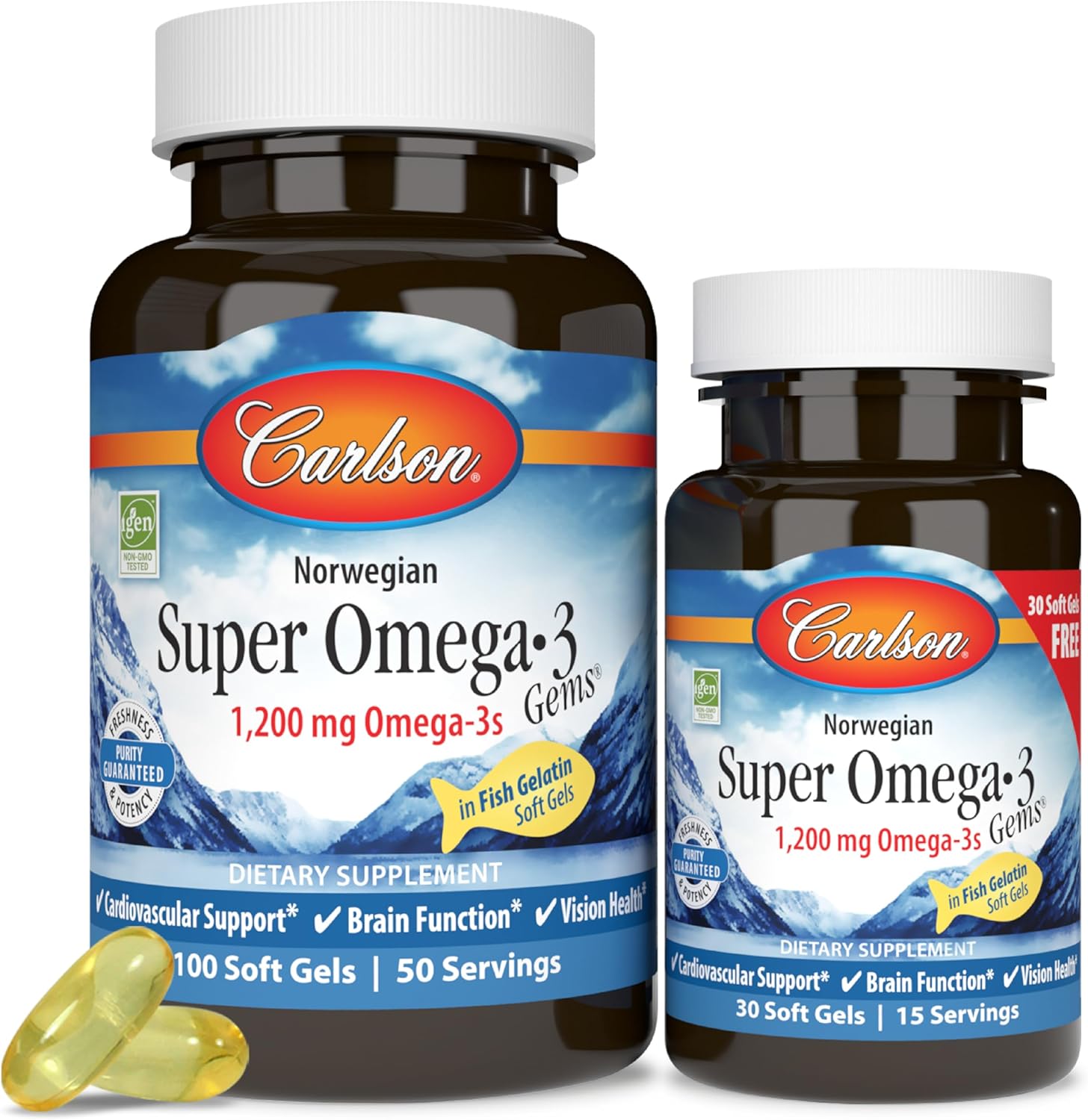 Norwegian Carlson Super Omega-3 Gems, Pescetarian Friendly, 1,200 mg Omega-3s, 130 Soft Gels
