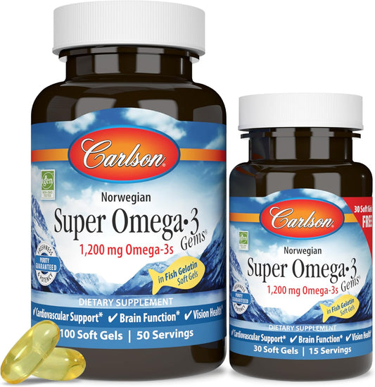 Norwegian Carlson Super Omega-3 Gems, Pescetarian Friendly, 1,200 mg Omega-3s, 130 Soft Gels
