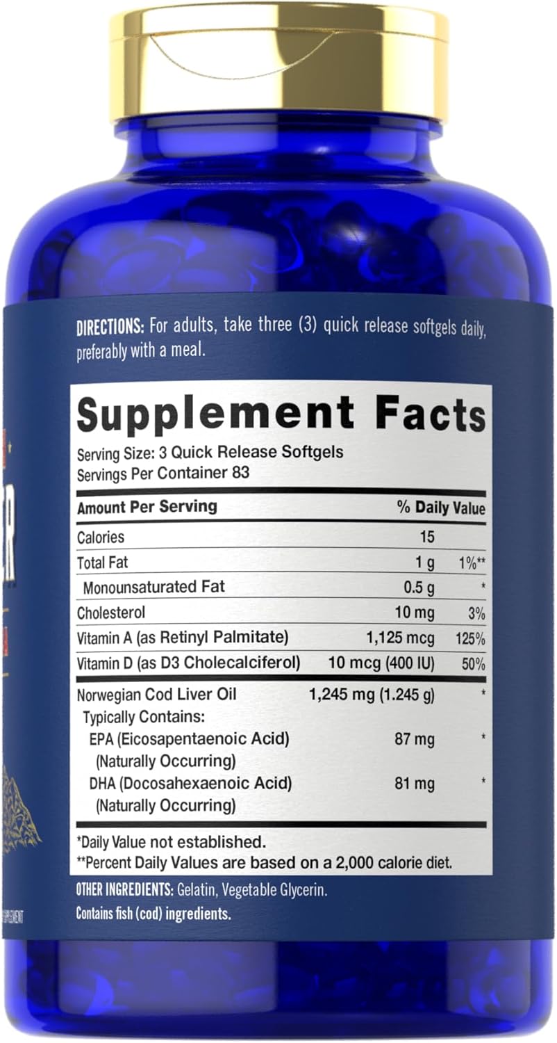 Norwegian Carlyle Cod Liver Oil Softgels - 1245mg, 250 Count - Non GMO, Gluten Free