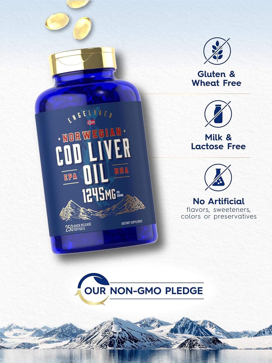 Norwegian Carlyle Cod Liver Oil Softgels - 1245mg, 250 Count - Non GMO, Gluten Free
