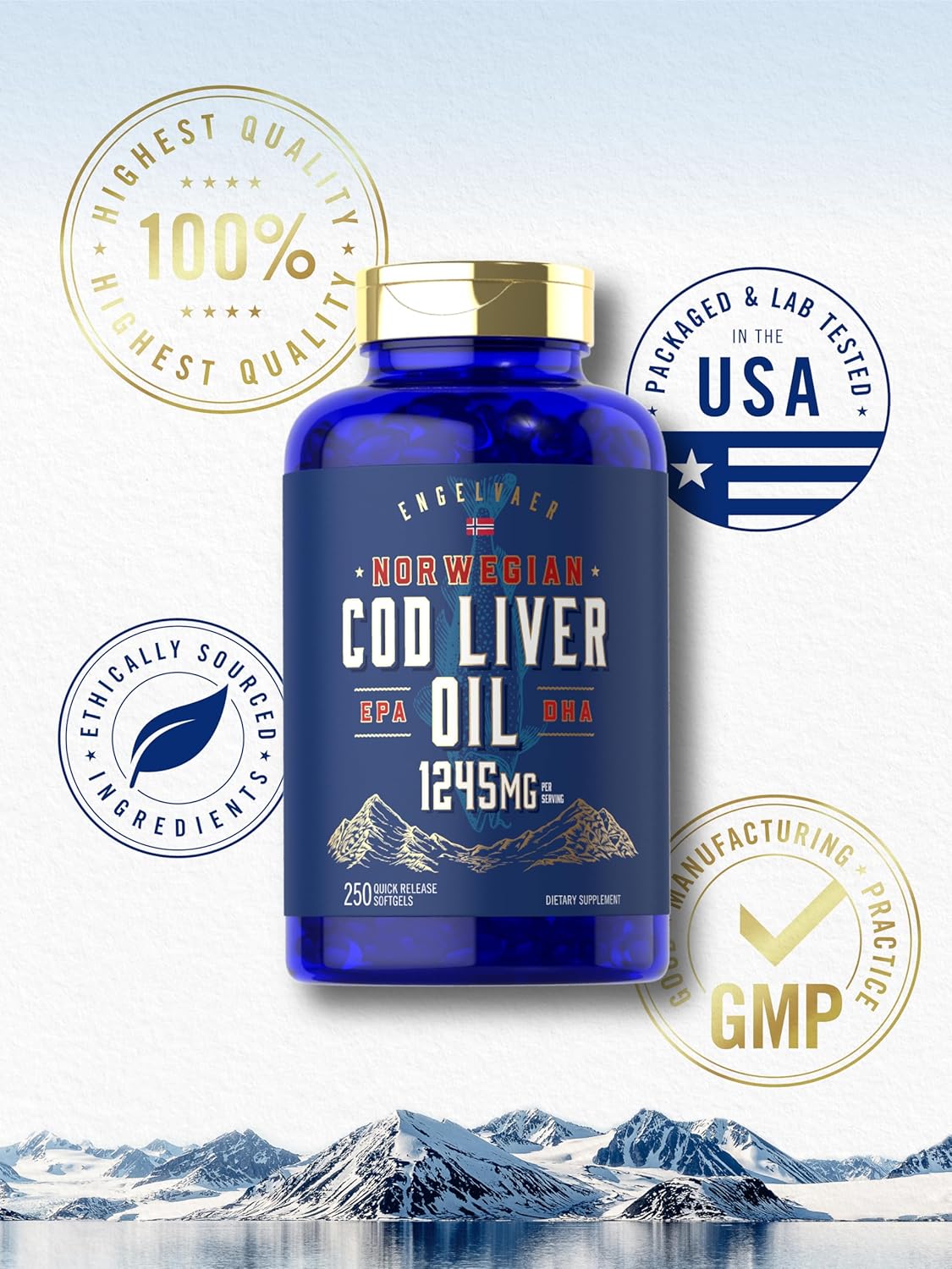 Norwegian Carlyle Cod Liver Oil Softgels - 1245mg, 250 Count - Non GMO, Gluten Free