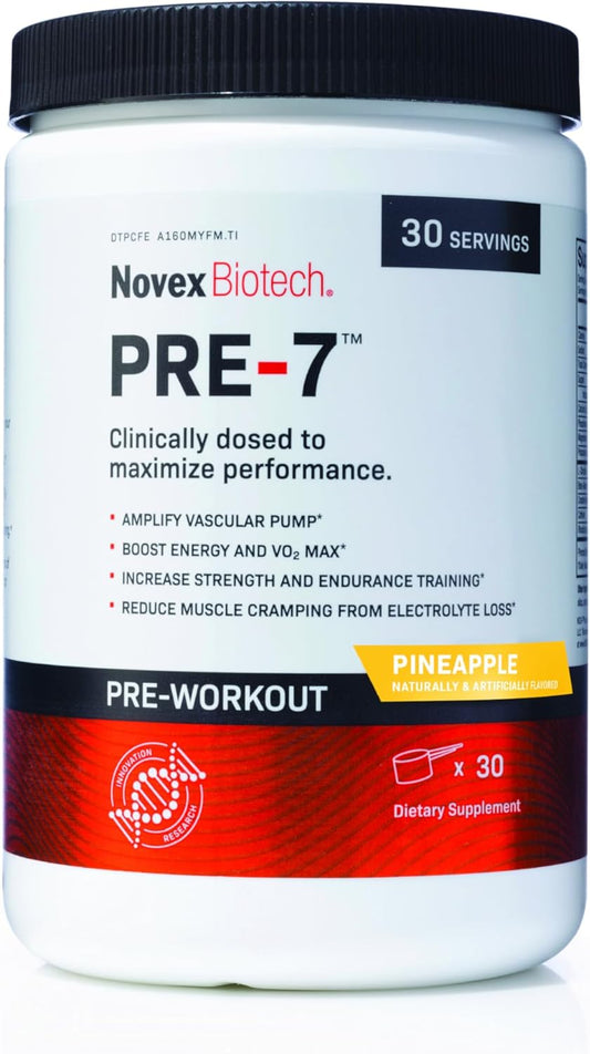 Novex Biotech PRE-7 Pre-Workout Pineapple Flavor - High Caffeine Super Supplement for Vascular Pump - Electrolyte Replenishment - 30 Servings
