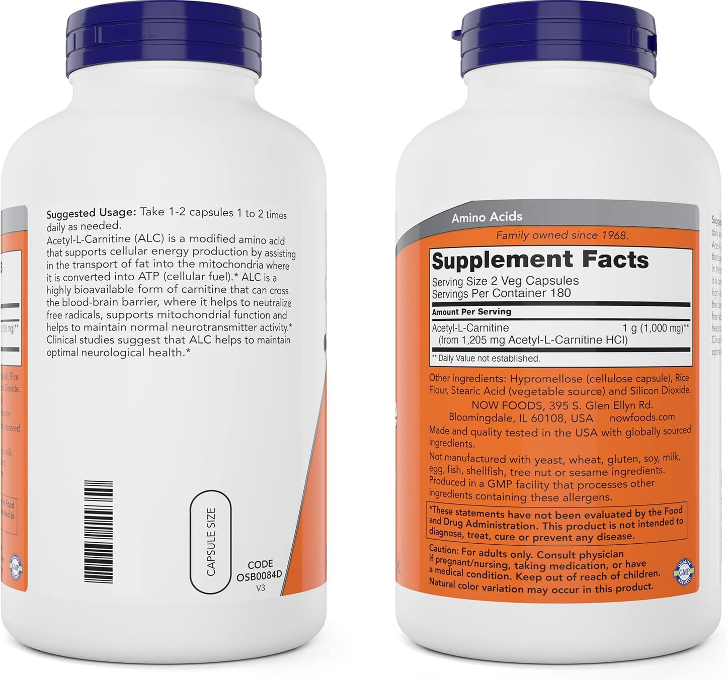 NOW Foods Acetyl L-Carnitine 500mg - 720 Veg Capsules, Non-GMO ACL 500mg Supplement for Men and Women