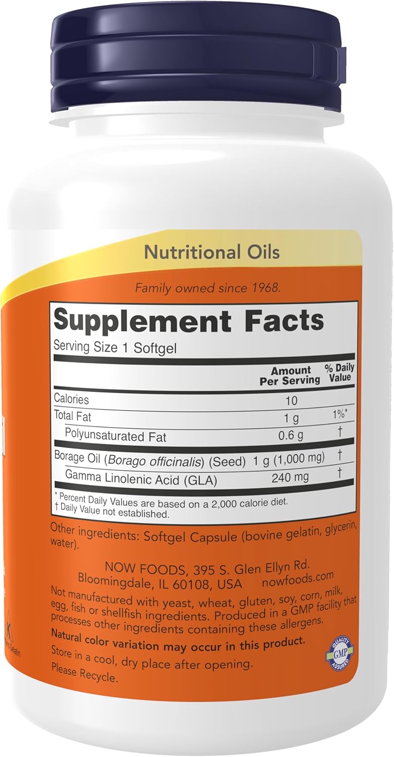NOW Foods Borage Oil Supplement 1000mg with 240mg GLA, 60 Softgels - Essential Fatty Acids Omega 6 Support