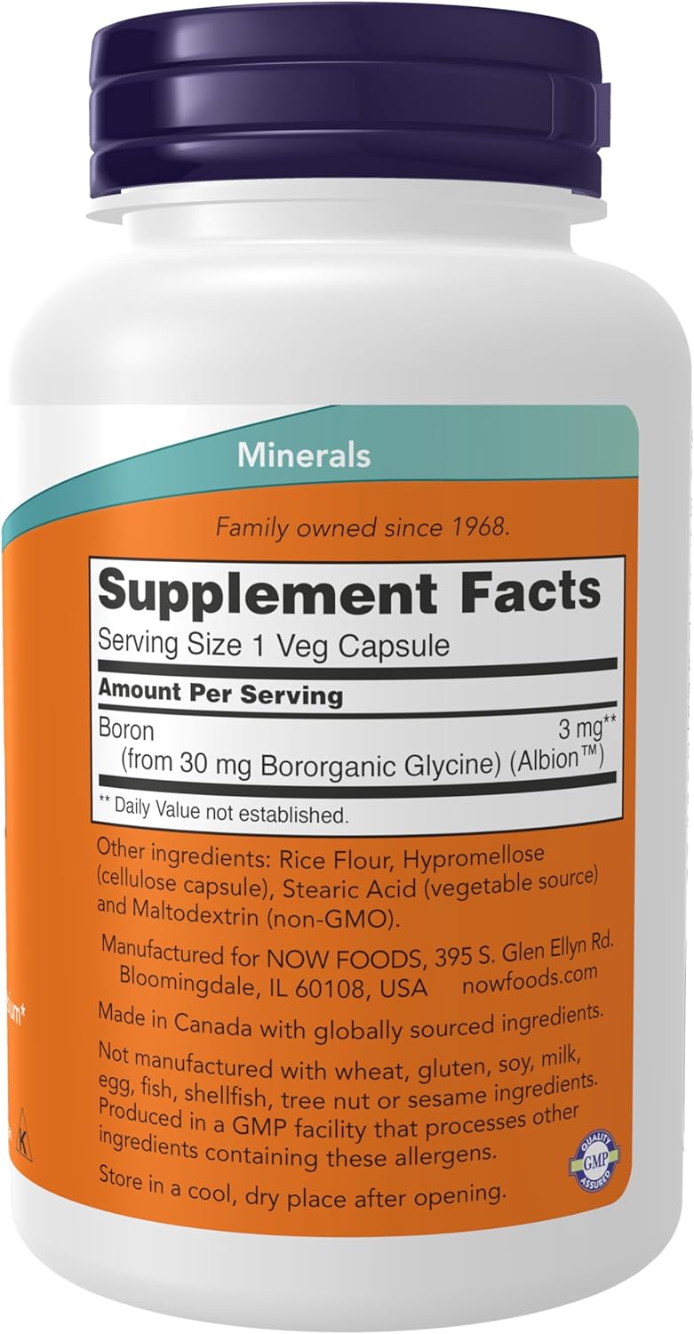 NOW Foods Boron 3 mg (Bororganic Glycine) Structural Support Supplement - 250 Veg Capsules