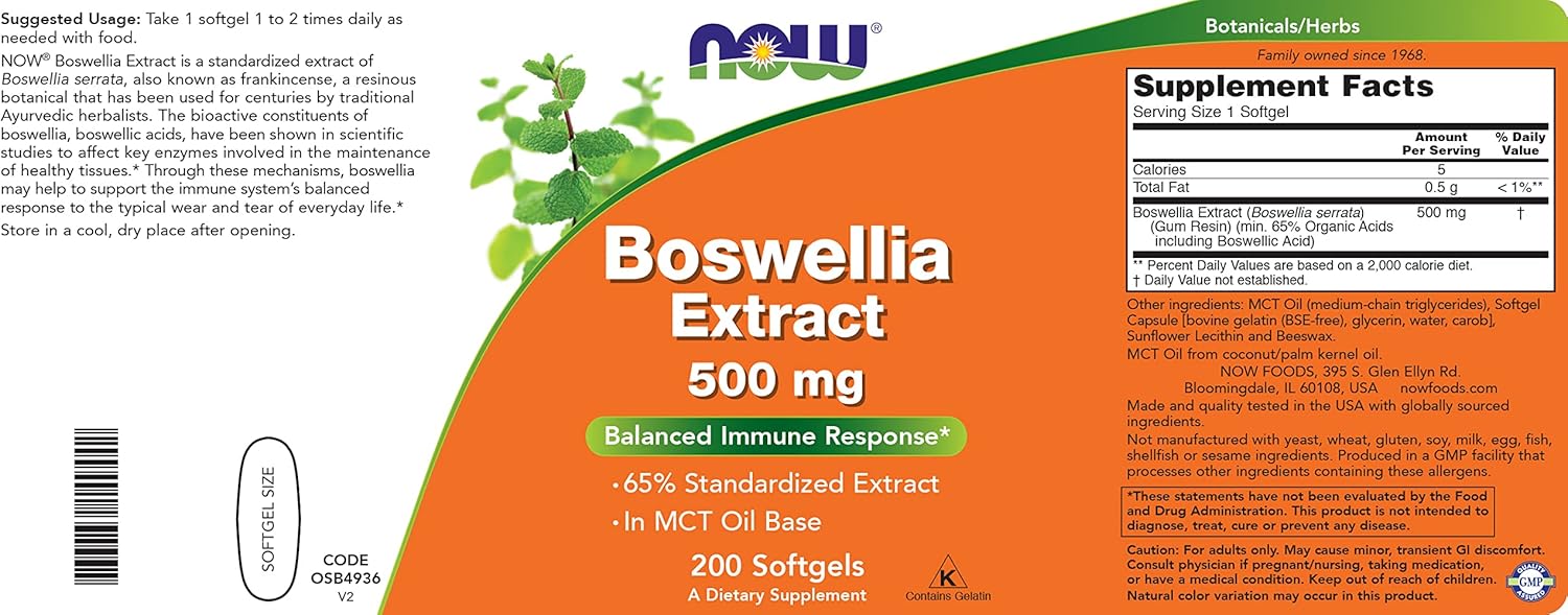 NOW Foods Boswellia Serrata Extract Softgels - 500mg, 200 Count - Tree Gum Resin Supplement with MCT Oil Base