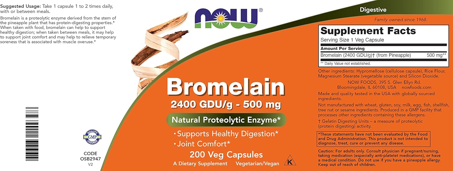 NOW Foods Bromelain 500mg 200 Veg Capsules x2 - Non-GMO, Vegan Supplement