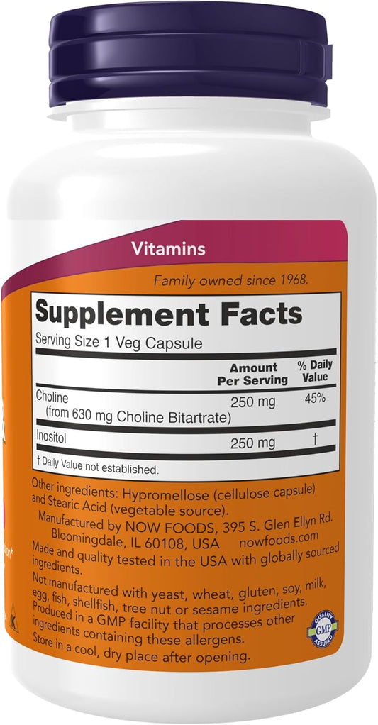 NOW Foods Choline & Inositol 500mg Supplements for Healthy Nerve & Nervous System Health - 100 Capsules (2 Pack)
