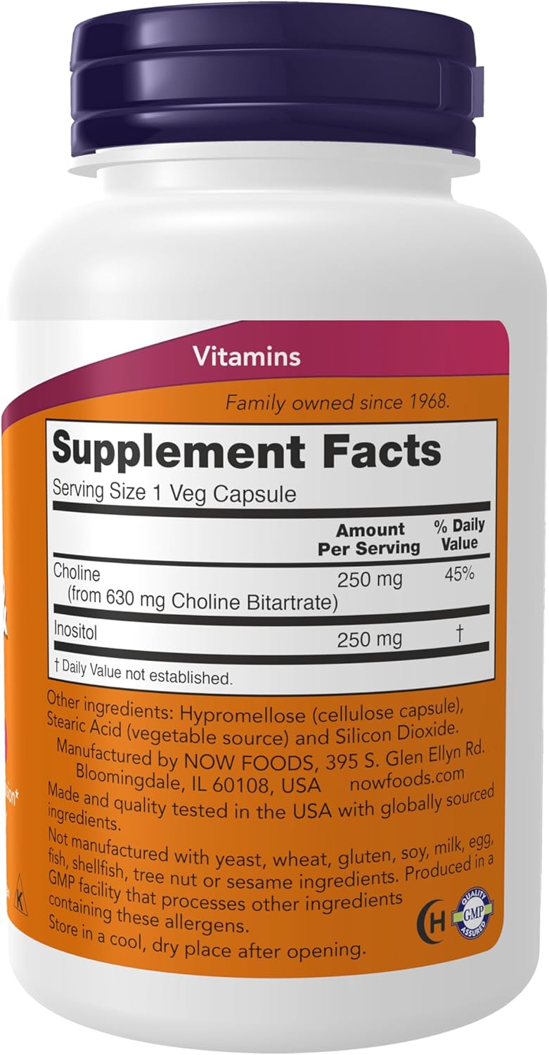 NOW Foods Choline & Inositol Supplements - 500mg for Healthy Nerve Transmission - 100 Capsules
