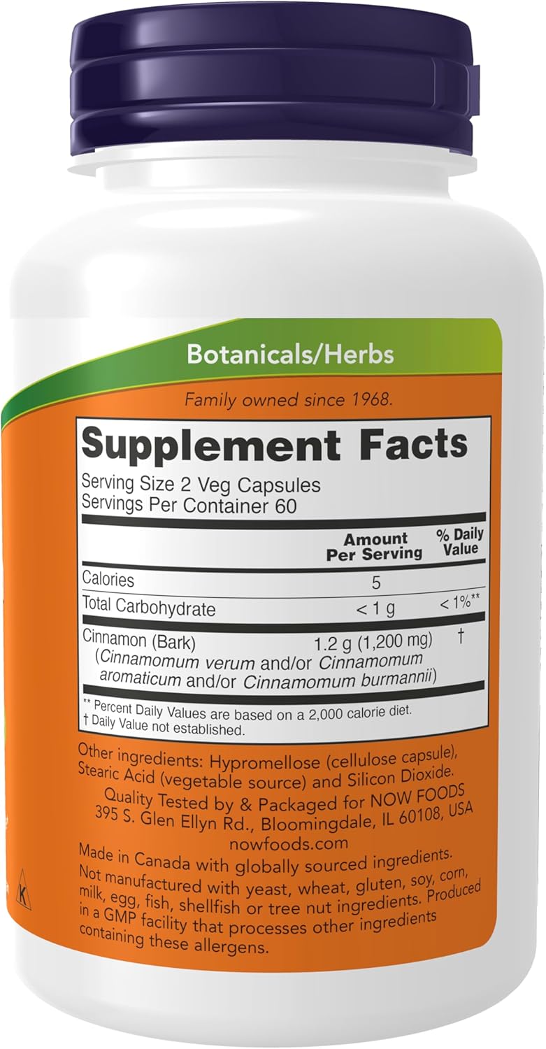 NOW Foods Cinnamon Bark Supplements - 600 mg, Non-GMO, Supports Healthy Glucose Metabolism - 120 Veg Capsules