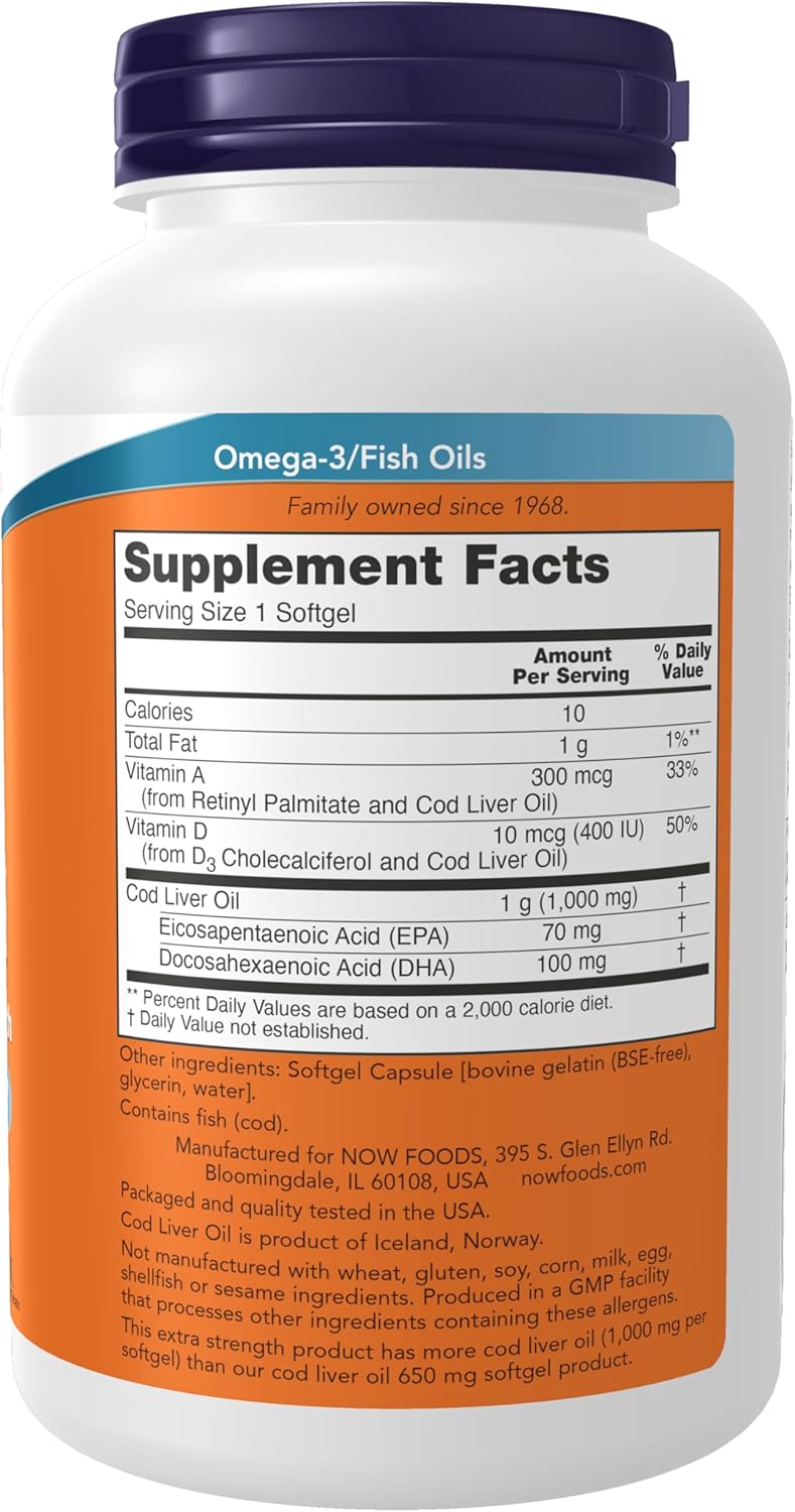 NOW Foods Cod Liver Oil Extra Strength with Vitamins A & D-3, EPA, DHA - 180 Softgels, 1000 mg