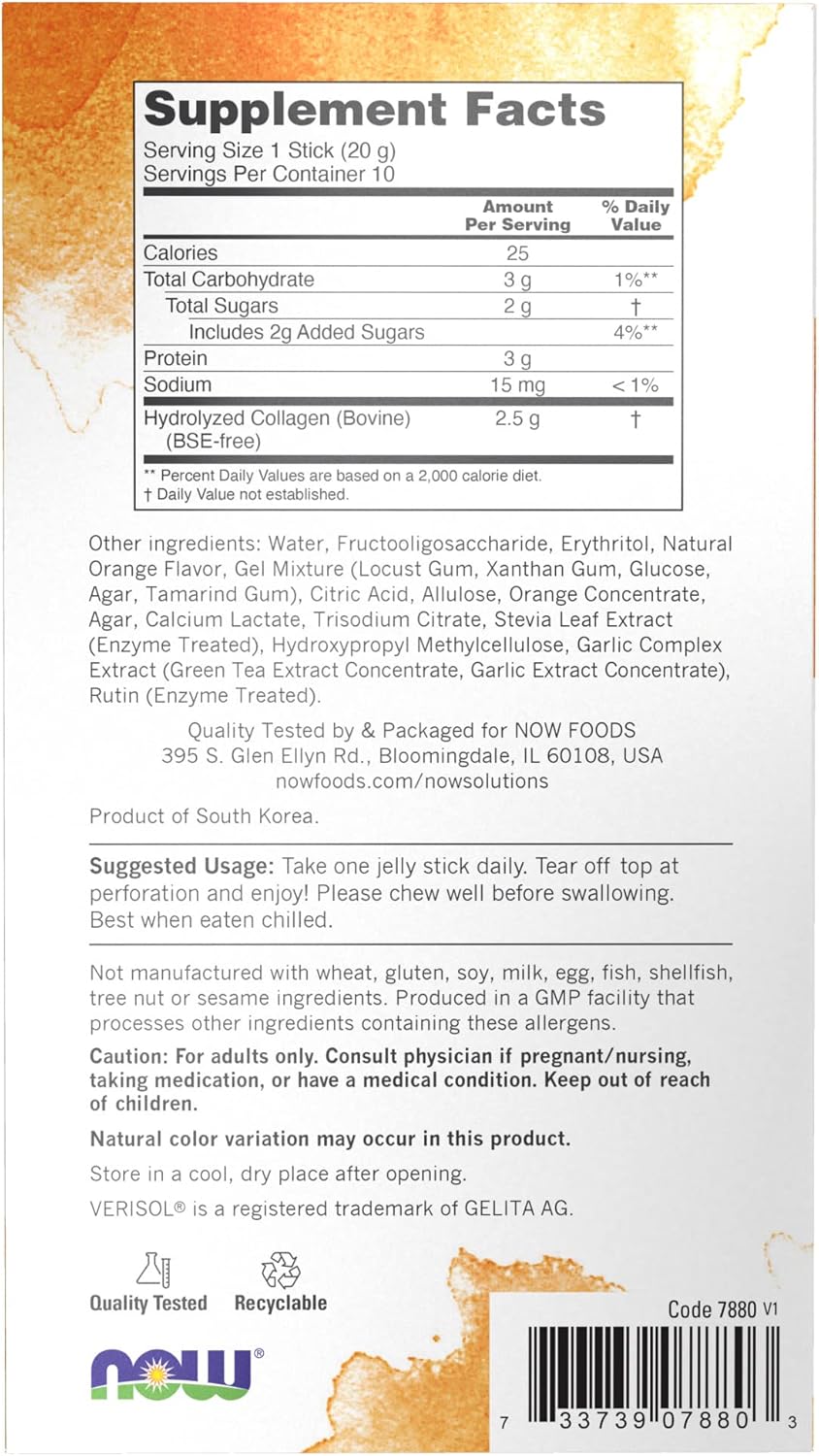NOW Foods Collagen Jelly Beauty Complex, Sweet Orange Flavor, 20 Jelly Sticks - Pack of 2